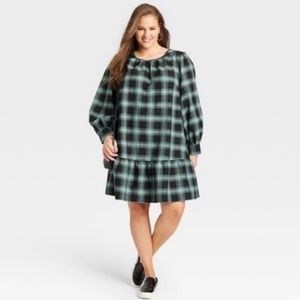 Ava & Viv Green and Black Plaid Drop Waist Ruffle Hem Long Sleeve Dress Size 2X
